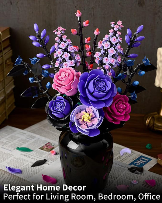 Flowers Bouquet Building Set - Purple Roses Botanical Collection Building Blocks for Adult Women, Artificial Flowers Gothic Home Decor Christmas Birthday Gift for Adults Kids Girls 6-12