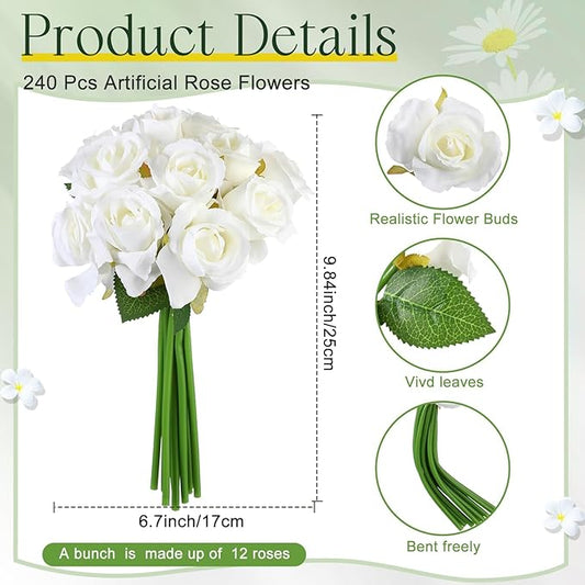 Jexine 240 Pcs Artificial Rose Flowers Bouquet Silk Realistic Flowers Bulk Centerpieces DIY Bride Fake Rose for Home Bridal Wedding Party Decorations(White)