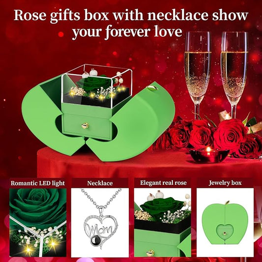 Gifts for Mom from Daughter and Son, Unique Mother Birthday Gift Idea, Preserved Green Real Roses with I Love You in 100 Languages Mom Necklace, Cool Present to Mother Mama-Green