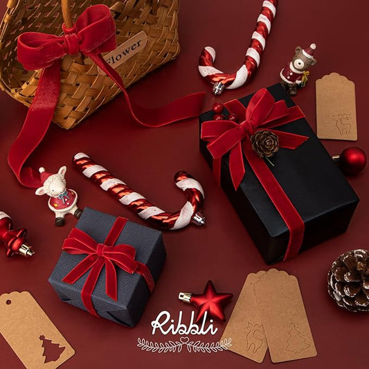 Ribbli Red Velvet Ribbon 5/8 Inches Continuous 25 Yard Spool Red Christmas Ribbon for Gift Wrapping Crafts Home Decor