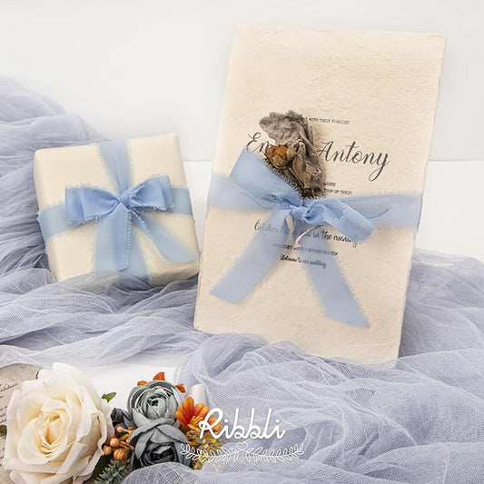 Ribbli Light Dusty Blue Ribbon 1 Inch x 3 Rolls Total 24 Yards Light Blue Handmade Fringe Chiffon Silk Ribbon for Wrapping Wedding Invitations Bridal Bouquets DIY Crafts Home Decor