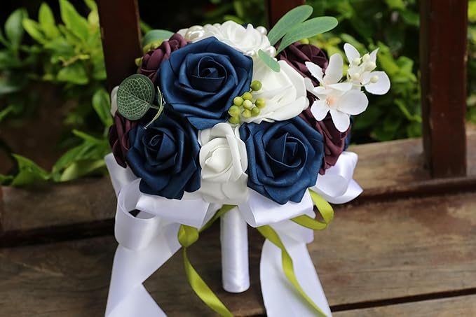 Lightweight Bridal Wedding Bouquet Round Holding Bouquet Throw Toss Artificial Rose Flower Bunch for Bride Bridesmaid Wedding Quinceanera (White, Navy & Dark Puce, 7.9")