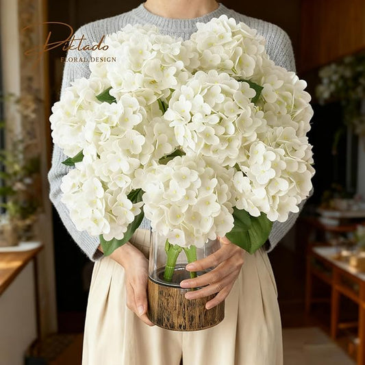A Bunch 21in, White Real Touch Hydrangea Artificial Flowers, with 5pcs Flower Head 10pcs Leaves, Faux Hydrangea Flowers for Home Office Decor Wedding Party Arrangements (1, White)