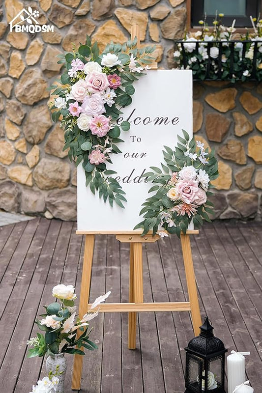 Wedding Welcome Signs Floral(Pack of 2),Wedding Arch Flowers for Wedding Decorations and Reception Backdrop Decoration (New Pink)