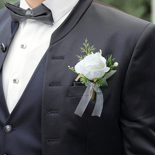 Artificial Flowers White Rose Wrist Flowers and Men's Corsage Wedding Flowers Ceremony Prom Flower (1 Boutonniere & 1 Wrist Corsage White)