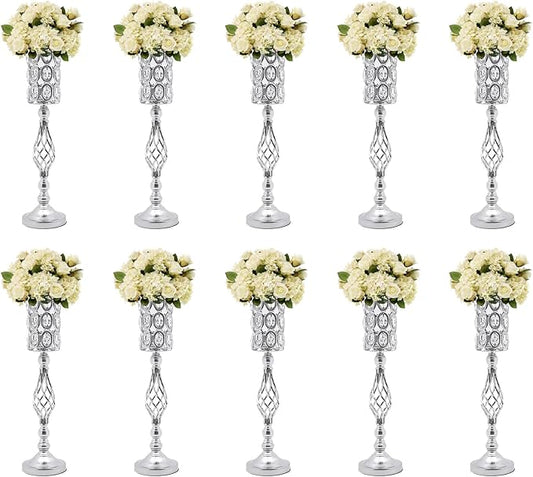 Wedding Centerpieces for Tables, 10 Pcs Vases for Centerpieces with Crystal Beads, 24in Tall Wedding Vase for Tables, Metal Flower Vase Stand with Crystal Beads(Silver)