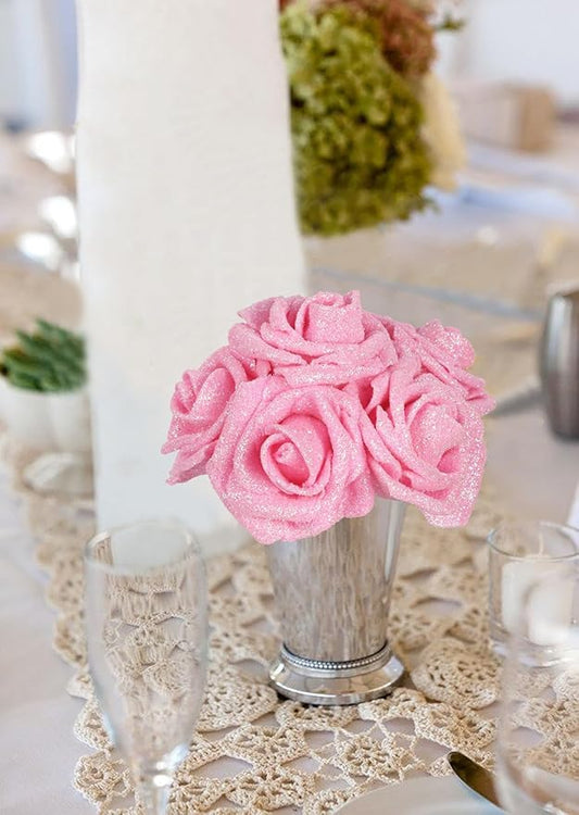 Pink Glitter Roses 30pcs Pink Roses Artificial Flowers with Glitter 2.56" Artificial Roses with Stems Fake Pink Roses for Baby Shower Decorations Flower Centerpieces for Table (Pink)
