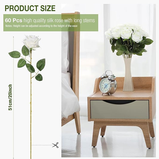 Jexine 60 PCS Artificial Roses Bulk Silk Flowers with Long Stems, Realistic Faux Rose Bouquet for Wedding Centerpieces, Valentine’s Party, Home Decor(White)
