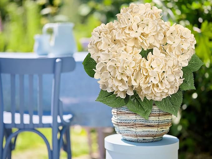 Hollyone Beige Hydrangea Artificial Flowers Large Artificial Hydrangeas Silk Flowers for Home Decor Indoor Wedding Flowers Bouquets Faux Flowers Kitchen Centerpiece Table Decorations