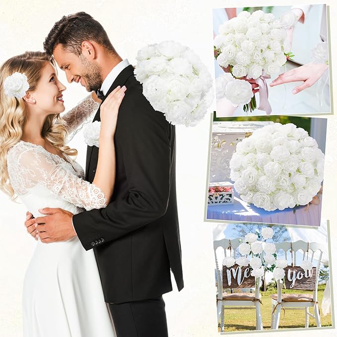 200 Pcs Flowers Long Stem Artificial Rose Bulk, 3.2 Inches Silk Rose Head Flowers Faux for Wedding Bridal Bouquet Independence Day Home Floral DIY Centerpieces Party Decoration(White)