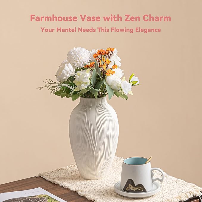 Windblown Texture Vase - White Matte Ceramic with Dynamic Lines, 9.2" Unique Flower Vase for Pampas Grass/Centerpieces, Decorative Farmhouse/Boho Vase for Living Room/Office, Ideal Gift for Minimalist