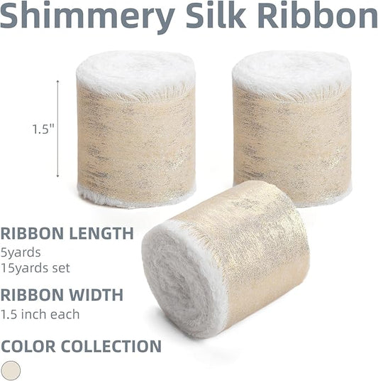 Champagne Gold Silk Chiffon Ribbon,Ivory White Frayed Shimmery Silk Ribbon for Bridal Flower Bouquet Gift Wrapping Wedding Decor Invitations Decorations 1.5" x 15 Yards (5Yards X 3 Rolls)