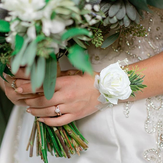 2pcs Wedding White Rose Wrist Flowers Artificial Rose Flowers for Ceremony Prom Party Accessories (2 Wrist Corsage White)