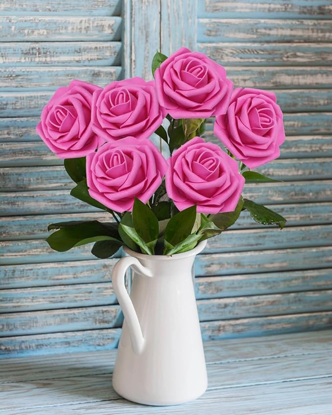 JOYLEX 50PCS Hot Pink Artificial Flowers Realistic Roses, Real Looking Fake Roses with Stem for DIY Wedding Bouquets Centerpieces Bridal Shower Party Home Romantic Decorations (Hot Pink, 50pcs)