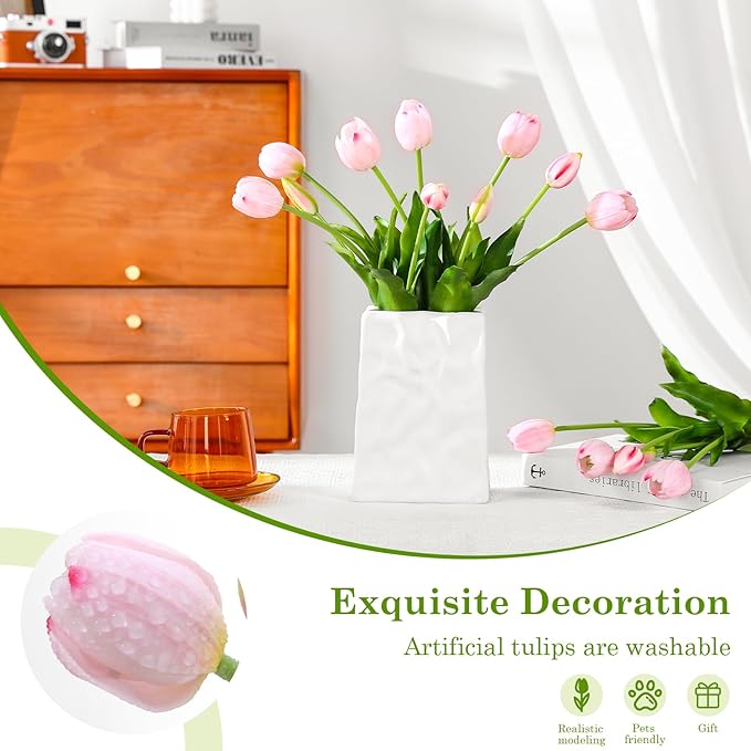 15PCS Artificial Tulips Real Touch Light Pink Faux Latex Flowers Lifelike Fake Tulip Bouquet Flowers Arrangements for Wedding Home Kitchen Garden Table Party Decoration