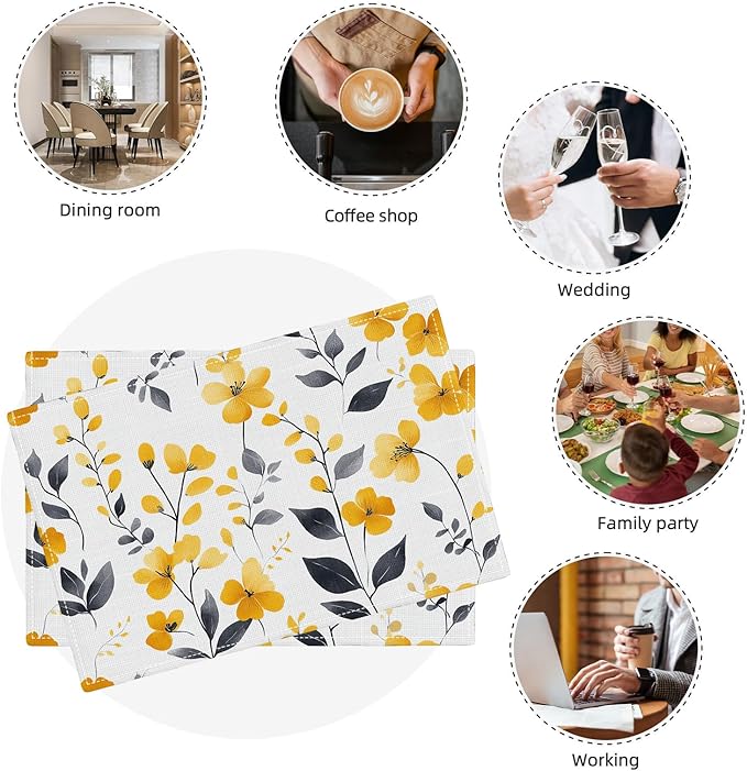 Farmhouse Yellow Flowers Placemats Set of 6, Rustic Floral Place Mats, Country Dining Table Mats, Washable Spring Placemats for Kitchen Dining Room Home Decor 18L'' × 12W''
