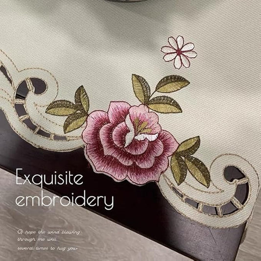 Embroidered Table Runner with Rose Pattern, Cutwork Design, 16x79 inches
