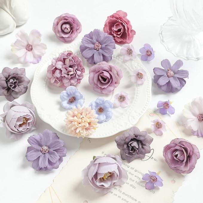 Faux Flower Heads Small Silk Artificial Flower DIY Fake Mini Flowers Rose Daisy Multicolor Flowers Craft Supplies for Wedding Party Wreath Graduation Season Party Home Decor (125, Purple)
