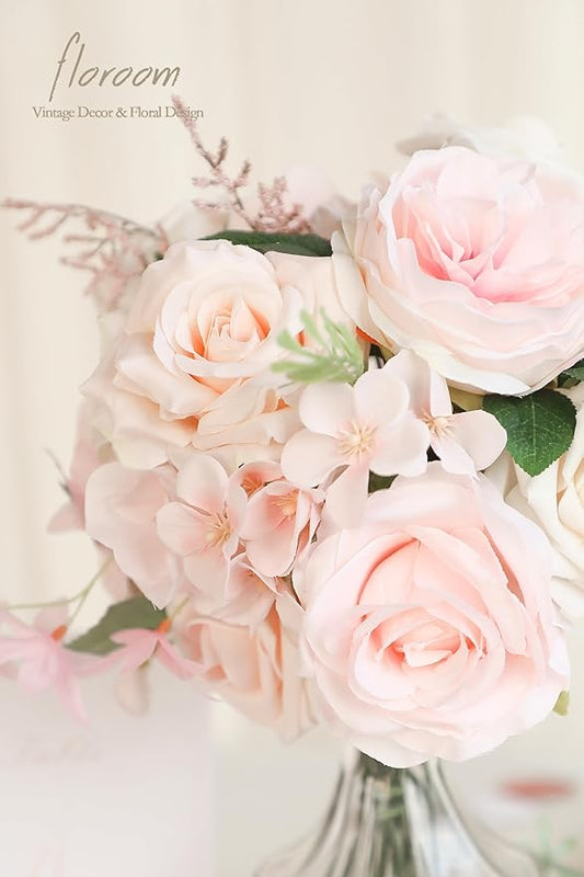 Floroom Cream Blush Artificial Flowers Fake Roses Peonies and Greenery Combo Box Set for DIY Pink Wedding Bouquets Bridal Shower Centerpieces Floral Arrangements Party Tables Home Decorations