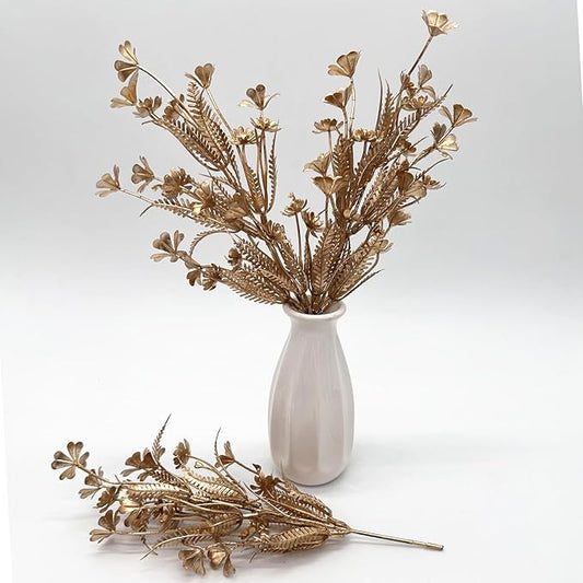 PASYOU Gold Fake Flowers Artificial Shrubs for Christmas Decor, Plastic Plants Faux Leaves Stems Grass Foliage Home Wreath Ornaments Party Hotel Wedding Event Gift DIY Tree Decoration Golden 10 Pack