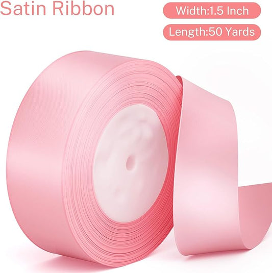 Pink Ribbon 1-1/2 Inch Pink Satin Fabric Ribbon 50 Yards for Flower Bouquet Gift Wrapping Birthday Wedding Christmas Party Decoration
