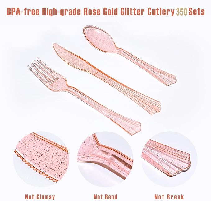 AIRE 350PCS Pink and Gold Party Supplies, Severs 50 Disposable Partyware, Gold Plastic Cutlery, Napkins, Plates for Baby Shower, Birthday, Wedding