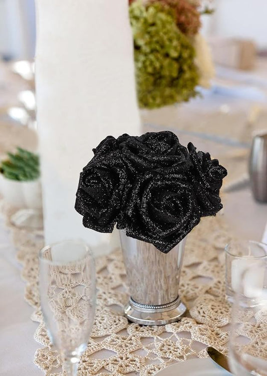 Black Glitter Rose 30pcs Roses Artificial Flowers with Glitter 2.56" Artificial Roses with Stems Fake Roses for Baby Shower Decorations Flower Centerpieces for Table (Black)