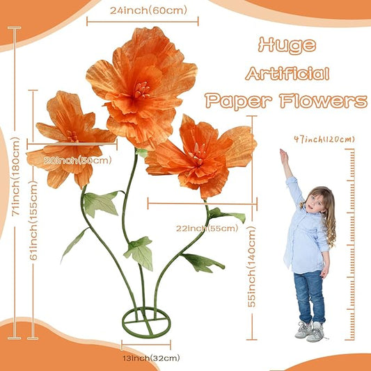 Giant Artificial Paper Flowers Decorations, Huge Realistic Faux Flower Large Wedding Reception Backdrop Home Office Indoor Outdoor Event Party Banquet Background Decor Photographic Props, Orange