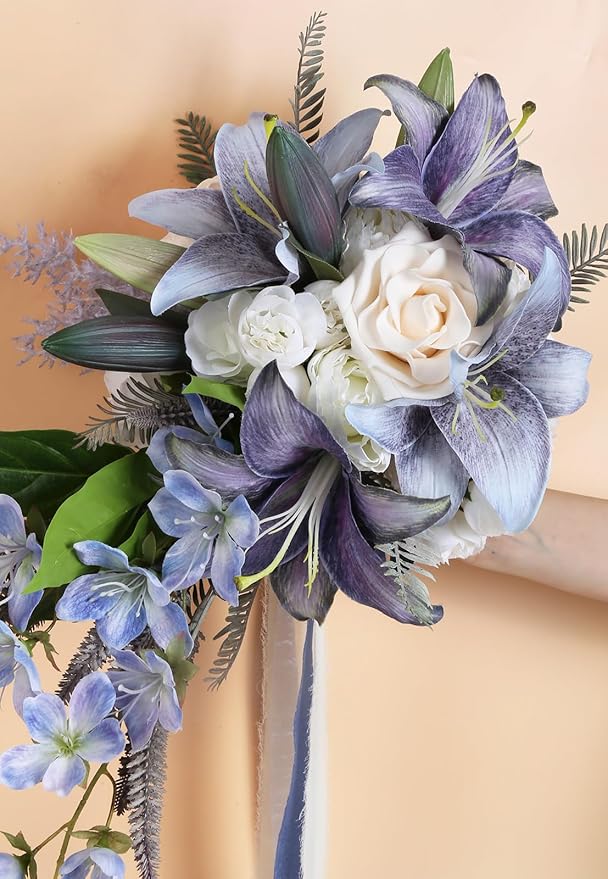 Bridal Bouquet,12 Inch Cascading Wedding Bouquets Bride Bouquets for Wedding Ceremony and Anniversary(Blue)