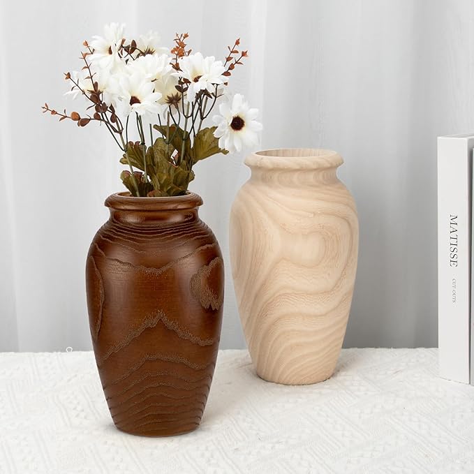 9" Tall Handmade Wooden Flower Vase, Large Wood Vase Decoration for Flower Arrangement Home Decoration