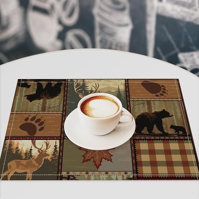 Retro Rustic Lodge Bears Placemats Set of 6, Vintage Cabin Farmhouse Country Style Place Mats, Heat Resistant Non Slip Cotton Linen Dining Table Mats for Home Kitchen 18x12 Inch