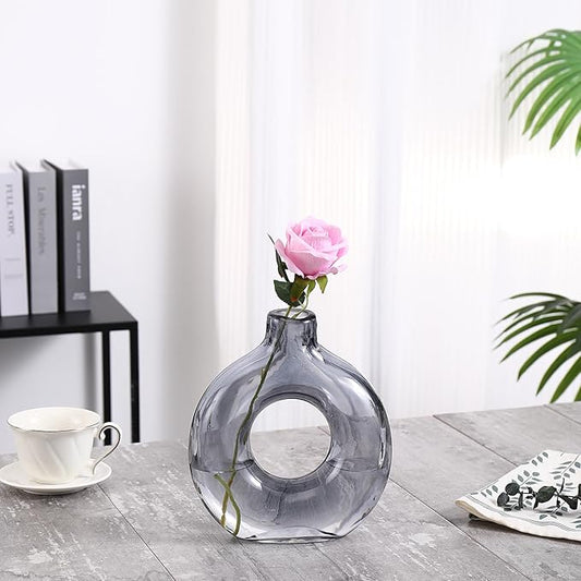 Glass Donut Vase, Grey Glass Vase, Flower Vase, Decorative Vase, Modern Vase, Round Glass Vases for Home, Living Room, Dining Table, Entryway, Mantle, Shelf, Wedding, Office, Coffee Table
