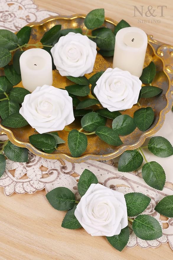 N&T NIETING Artificial Flowers 50pcs Real Touch White Flowers Artificial Roses for Decoration for DIY Wedding Bouquets Bridal Centerpieces Floral Shower Party Tables Home Arrangement