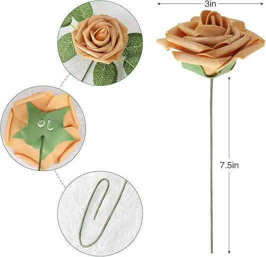 AmyHomie Artificial Flower Gold Rose 25pcs Real Looking Fake Roses w/Stem for DIY Wedding Bouquets Centerpieces Arrangements Party Baby Shower Valentines Day Christmas Tree Decorations