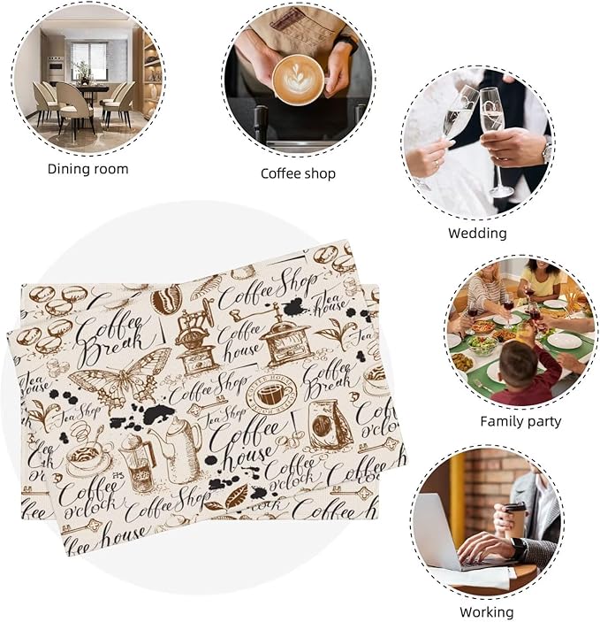 Coffee Theme Linen Placemats Set of 6 Vintage Coffee Cup Table Mats Heat Resistant Place Mats for Home Party Kitchen Dining Decoration 12x18 Inch