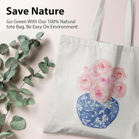 Blue and White Chinoiserie Prints Canvas Tote Bag for Women, Reusable Folding Shopping Bags with Handles