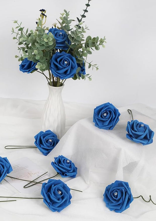 Royal Blue Roses with Crystal 50PCS Blue Foam Roses for Craft 2.95" Fake Blue Roses Artificial Flowers for Bridal/Baby Shower Decorations Wedding Centerpieces for Table (Royal Blue)