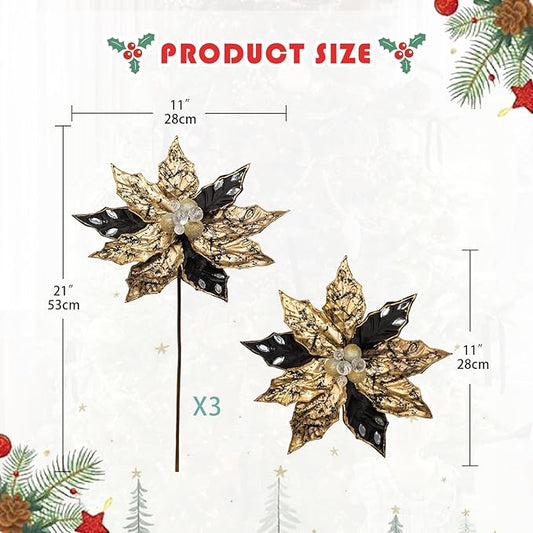 Hollyone 3PCS Poinsettia Christmas Flowers Artificial 11" Large Black and Gold Glitter Poinsettia Flower Christmas Tree Ornaments Floral Picks for Tree Wreath Garland Vase Table Centerpiece Home Decor