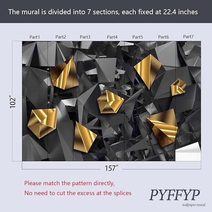 PYFFYP- 3D Grey and Gold Geometric Wallpaper Wall murals for Bedroom(Not Peel and Stick)
