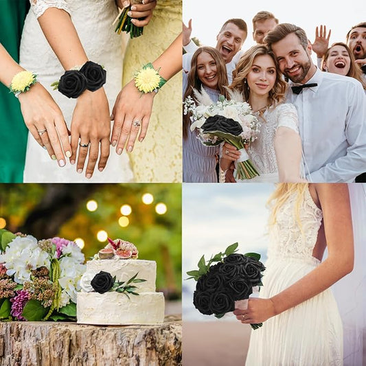JOYLEX 100Pcs Black Artificial Flowers Realistic Roses, Real Looking Fake Roses with Stem for DIY Wedding Bouquets Centerpieces Bridal Shower Party Home Romantic Decorations (Black, 100pcs)
