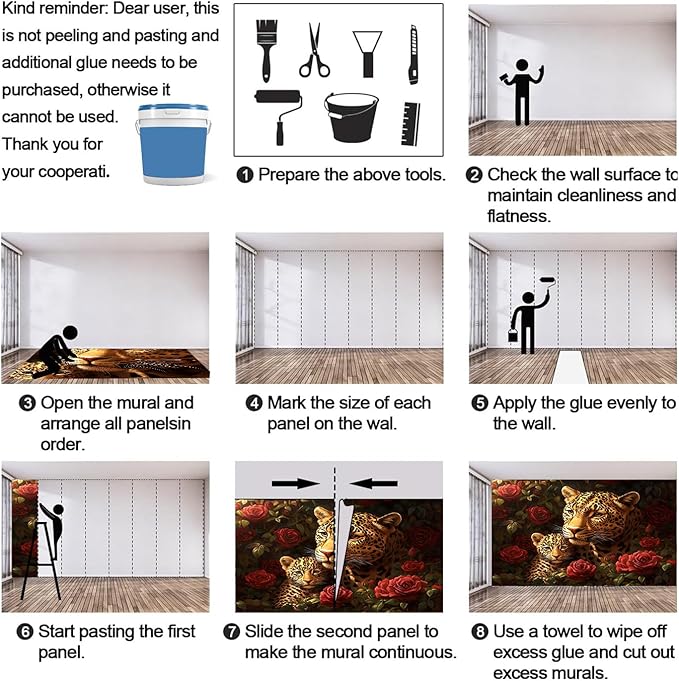Jungle Rose Leopard Wall Mural, Big Cat Floral 3D Wall Murals, Wild Animal Leopard Wallpaper Mural, for Living Room Bedroom Large Wallpaper Indoor Decor 59" W x39.4 H