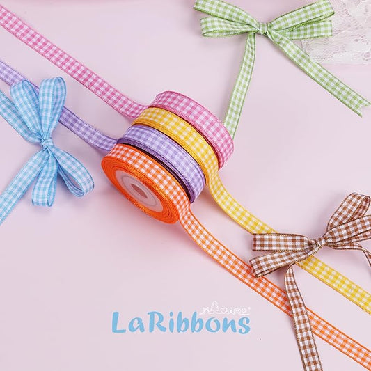 LaRibbons 10 Color 100 Yards Gingham Ribbon Variety Pack, 3/8" X 10 Yards/Roll Assorted Spring Easter Plaid Ribbon for Crafts, Gift Wrapping, Hair Bows, Birthday, Babyshower Decoration