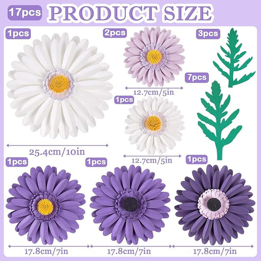 17PCS Purple Paper Flowers Decorations for Wall Artificial 3D Giant Daisy Paper Flowers Classroom Bulletin Board Floral Backdrop Hanging for Tea Party Wedding Baby Shower Purple Birthday Decorations