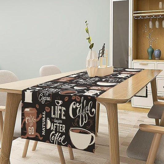 Coffee Theme Table Runner Coffee Time Retro Black Dress Scarves Farmhouse Dinner Runner for Kitchen Dining Coffee Table Decoration Cabin Home Holiday Party 13x108in
