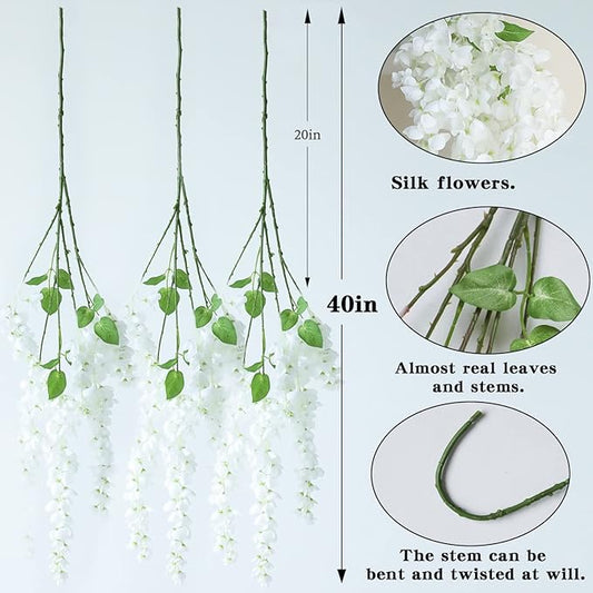 Dailisen 3 Strands 40'' Silk White Wisteria Artificial Flowers, Fake Wisteria Floral Hanging Plant Garland, for Home Decor, Party, Floor Vase, Balcony, Wedding Arrangement Decoration (White)