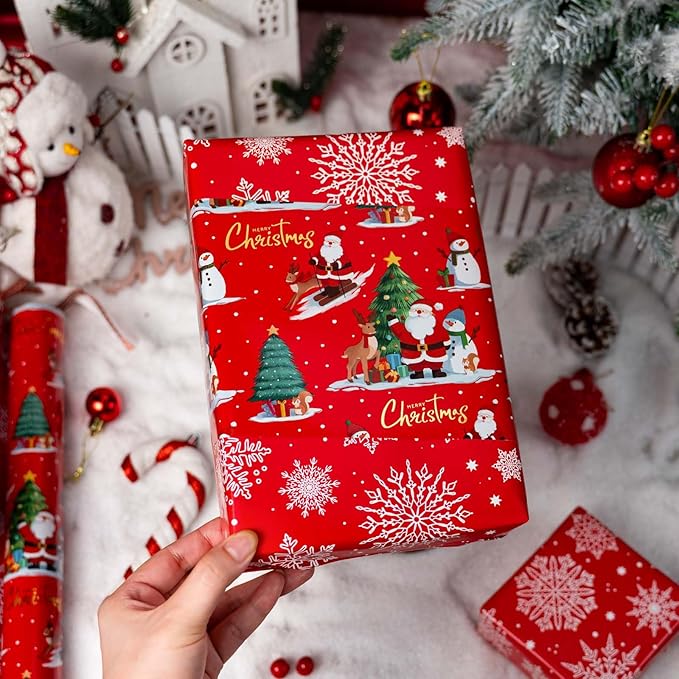 MAYPLUSS Red Christmas Wrapping Paper Roll - 17IN X 33FT - Santa Gift Wrapping Paper Featuring Christmas Tree Santa Claus Snowman Reindeer Reversible Snowflake for Kids, Holiday, New Year
