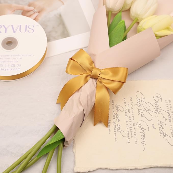 Old Gold Satin Ribbon, Double Faced 7/8 Inch X 25 Yards Old Gold Ribbon, Premium Satin Ribbon for Gift Wrapping, Crafts, Hair Bow Making, Sewing, Flower Bouquet, Wedding Party Decor