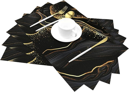 Black Gold Marble Texture Placemats Set of 4, Black Table Mats, Heat Resistant Washable Linen Place Mats for Kitchen Dining Table Farmhouse 12"x18", Black Gold Kitchen Decor