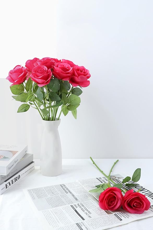 12pcs Roses Artificial Flowers Real Touch Fake Flowers with Long Stems Silk Flowers for Wedding Bouquet Centerpices Decorations Party Bridal Baby Shower Home Decor (Hot Pink)