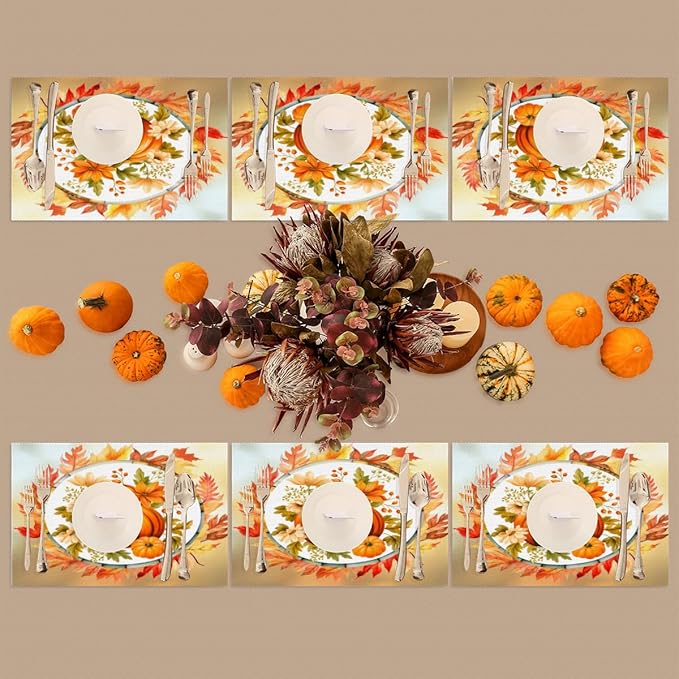 Fall Autumn Flower Pumpkin Placemats Set of 1 PVC Vinyl Non Slip Table Mats Heat Resistant Place Mats Washable Wipeable Dining Table Mat for Kitchen Decor Party Indoor Outdoor Decorative Gift